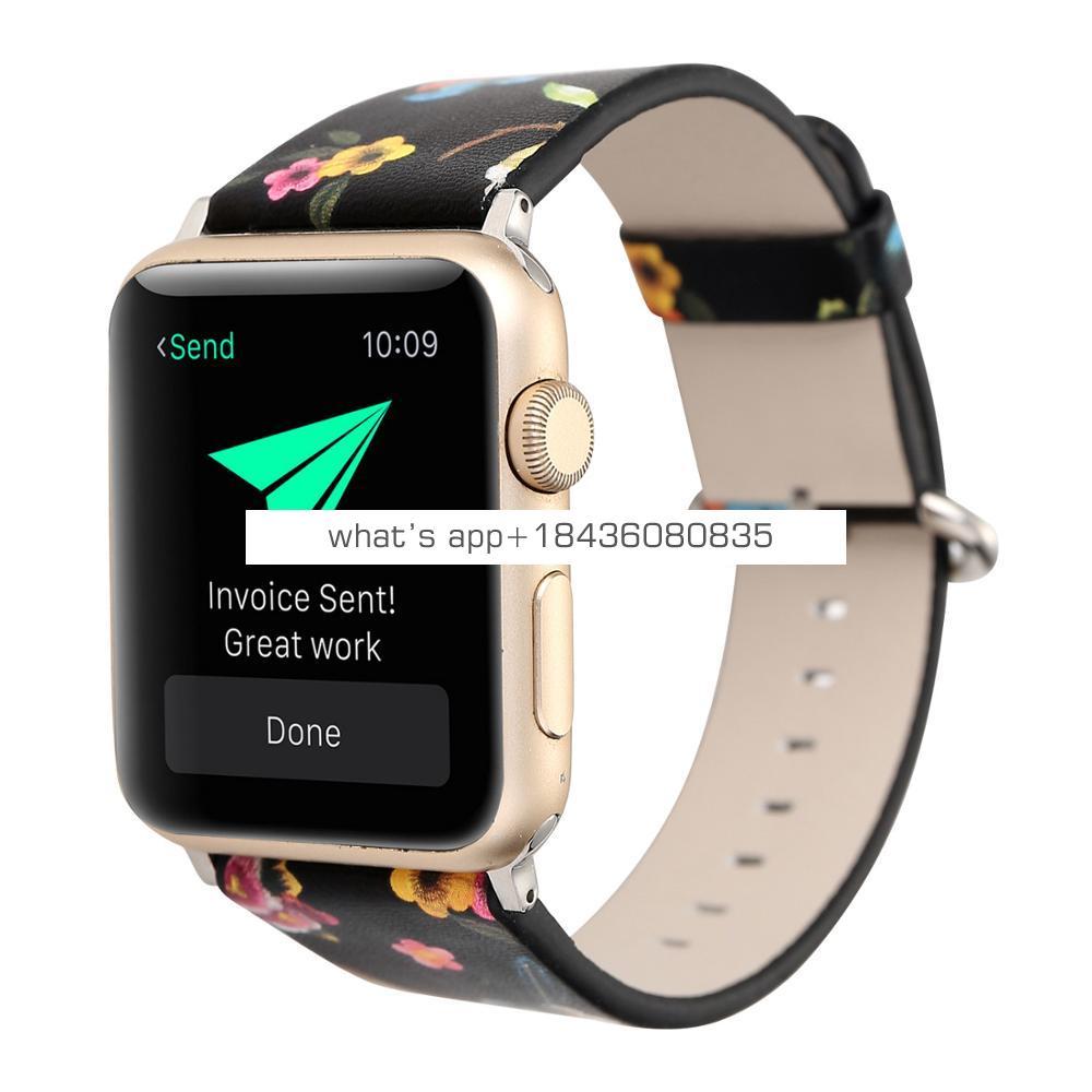 5 Colors Bird and Flowers Pattern Replacement Strap Leather Band for Apple Watch 38mm 42mm with Adapter