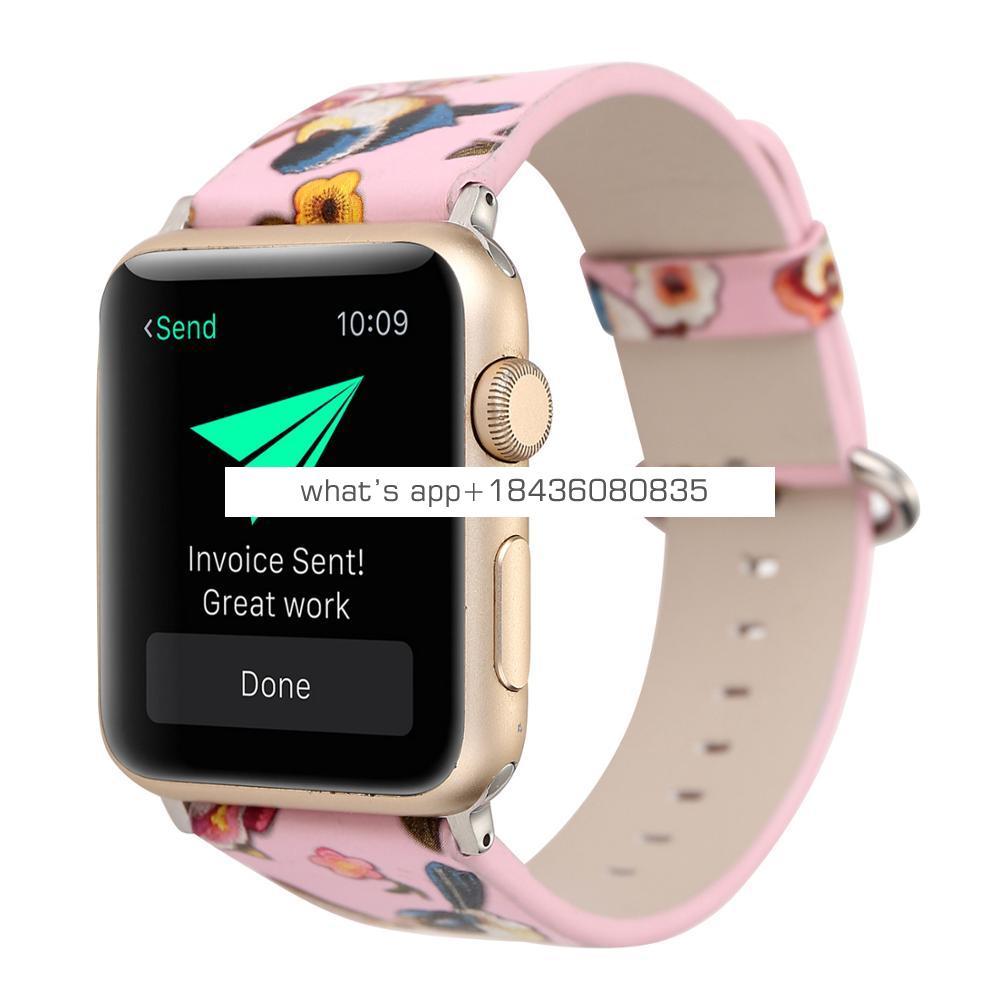 5 Colors Bird and Flowers Pattern Replacement Strap Leather Band for Apple Watch 38mm 42mm with Adapter