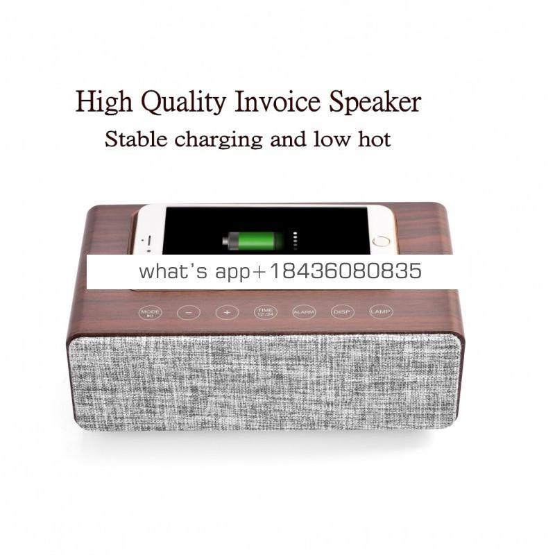 Multi-Function Qi Wireless Charger Wood Wireless Speaker with Time Alarm Clock